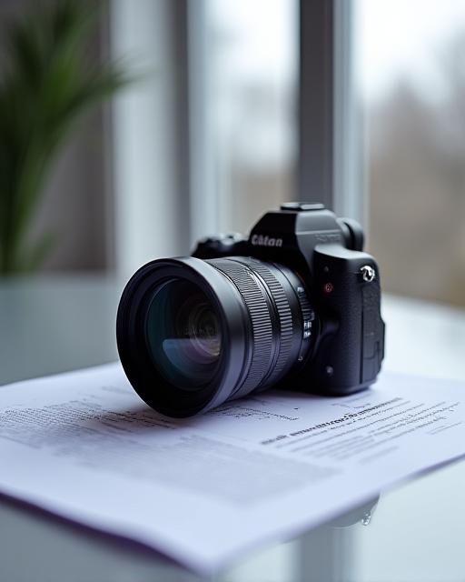 A high-end camera lens resting on legal documents